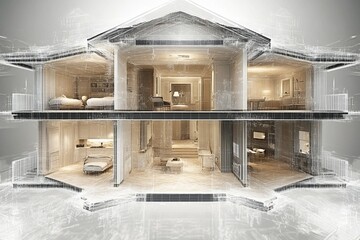 Transparent wireframe of a two story house showing the interior structure symbolizing architectural planning structural design and the development process of residential homes