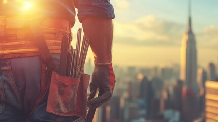 Poster - Close-up of construction workers hands holding tools and materials with a blurred city skyline in the background