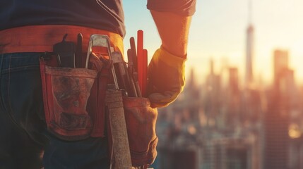 Poster - Close-up of construction workers hands holding tools and materials with a blurred city skyline in the background