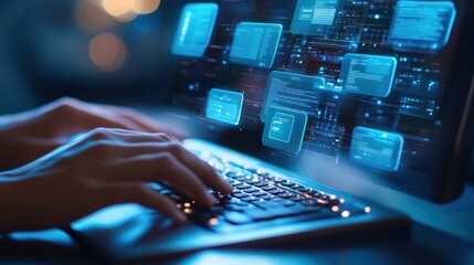 Poster - Close-up of hands typing on a keyboard with a corporate file archiving software interface on the monitor, organized folders and digital documents highlighted for efficient storage