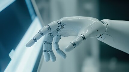 Poster - Close-up of robotic hand interacting with a touchscreen, illustrating the integration of AI and human-computer interaction Close-up photo with clean background