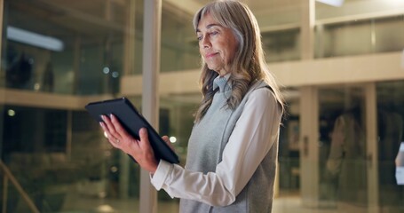 Aufkleber - Business, night and senior woman with tablet in office, app and internet with company website, network and email. Person, evening and consultant with technology, research for project and connection