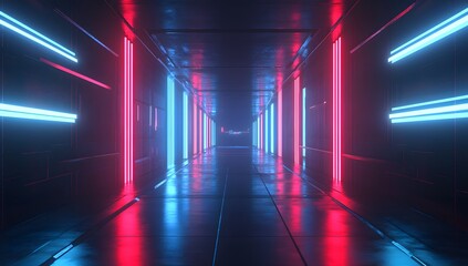 Aufkleber - 3D render, an abstract futuristic background with neon blue and red light streaks on dark black geometric