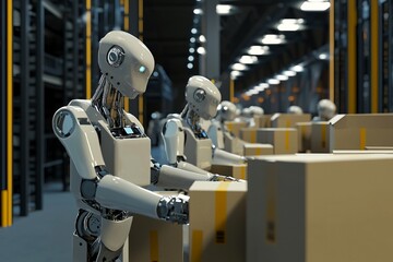 Wall Mural - Automated Robots Package Products Into Boxes In A Warehouse. The System Is Streamlined For Maximum Efficiency