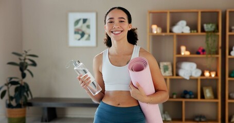 Canvas Print - Home, woman portrait and water with mat after yoga, practice and mindfulness session for wellness. Fitness, female person and yogi with smile with beverage bottle, detox or hydration with mineral H2O