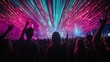 © CStock - Excited concert-goers enjoying a music festival at night, with vibrant light beams cutting through the crowd Close-up photo with clean background