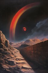 Canvas Print - A path leads through a rocky landscape towards a red planet and an otherworldly rainbow in the night sky.