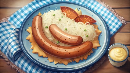 Two Grilled Sausages Served with Sauerkraut and Orange Slices