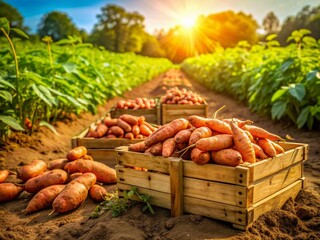 Vibrant orange sweet potatoes sprawl across the rustic farm soil, surrounded by lush green foliage and wooden crates, under a warm sunny sky.