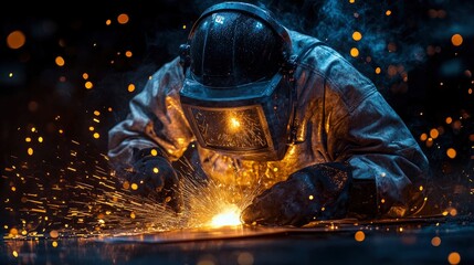 Welder Working on Metal with Sparks Flying