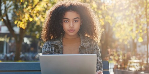 Wall Mural - Young Woman with Laptop in Park