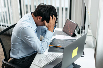 Poster - Businessman investor working and stress with computer analyzing graph stock market trading planning with chart data financial investment planning