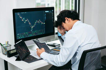 Poster - Businessman investor working and stress with computer analyzing graph stock market trading planning with chart data financial investment planning