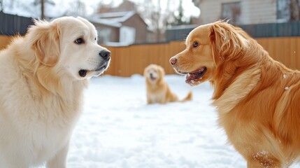 Canvas Print - Two dogs are playing in the snow outside of a fence, AI