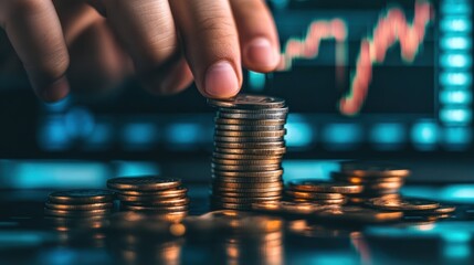 Poster - Hand stacking coins with a background of financial charts and stock market data on a computer screen Close-up photo with clean background