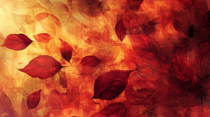 Poster - A digital painting depicting red leaves falling against a warm, orange, and yellow background. The background has a textured, painted look, with a grid-like pattern.