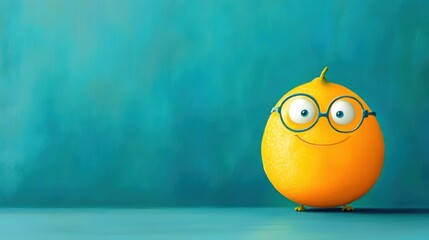 Wall Mural - A cartoon lemon with glasses and a blue background, AI