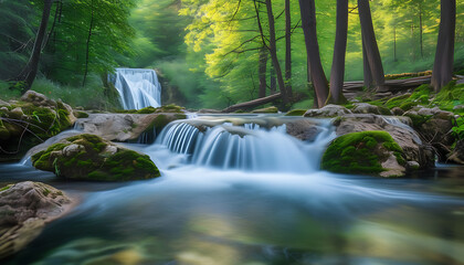 Sticker - A crystal clear stream flows in the forest, with a waterfall cascading gracefully, showcasing natural beauty.