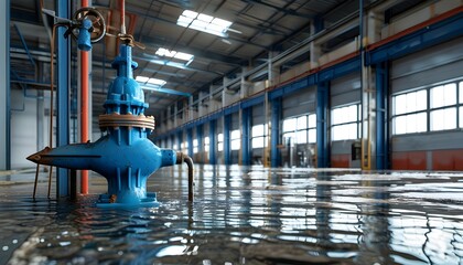 Wall Mural - leaking blue water pump in an industrial warehouse setting