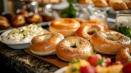 Freshly Baked Bagels with Cream Cheese and Fruit