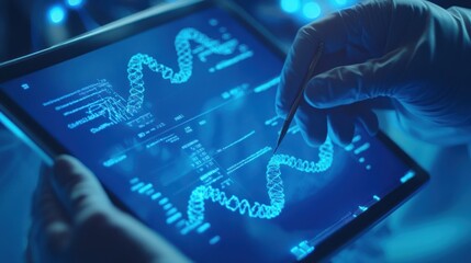 Poster - Medical professional reviewing biotechnological data on a tablet, with holographic projections of molecular structures and DNA helixes Close-up photo with clean background