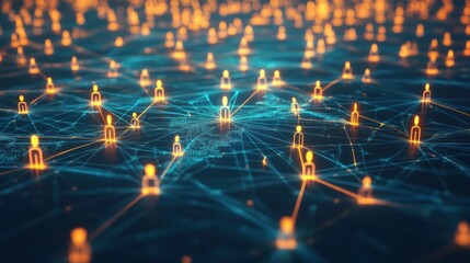 Poster - People connected by digital lines forming a global network, with glowing nodes representing connections, diverse individuals interacting in a complex web, modern communication technology concept