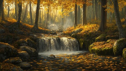 Poster - A serene forest showcases a gentle stream cascading over rocks, surrounded by trees adorned with orange and yellow leaves. Soft sunlight filters through the branches, creating a peaceful atmosphere.