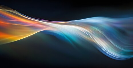 A close-up of an abstract, curved rainbow-like light on a black background, with the silhouette of two flowing lines of white color in the foreground. 