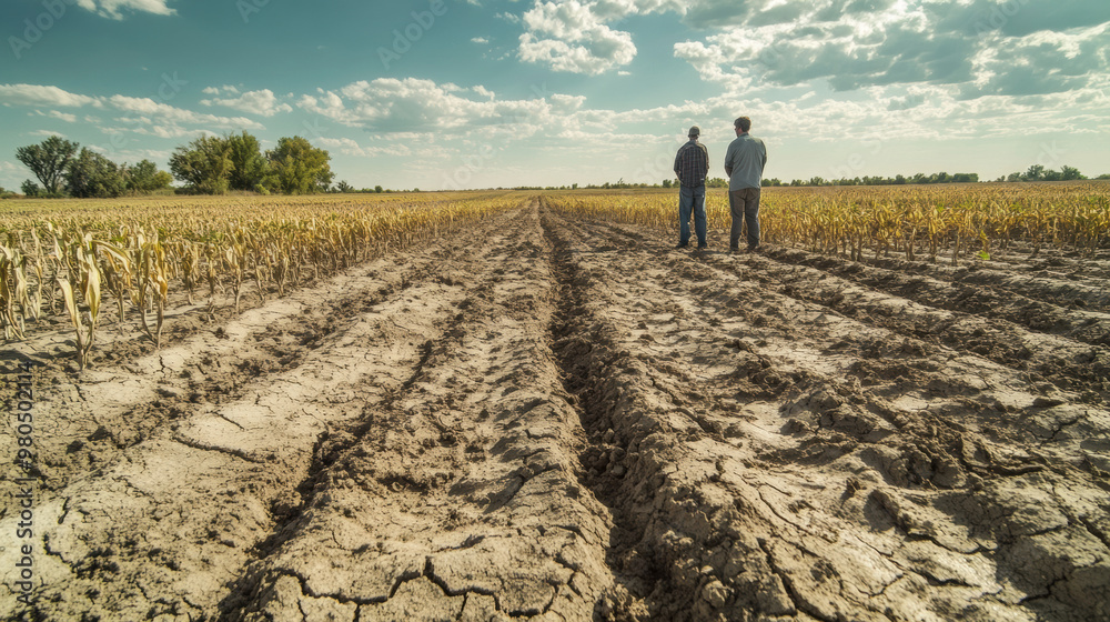 Farmers standing in drought affected field, observing dry, cracked soil ...