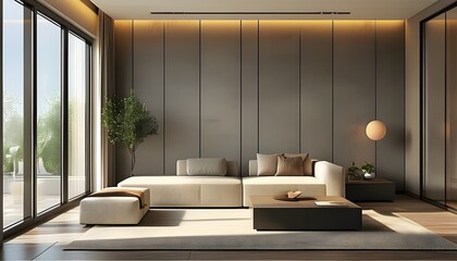 Canvas Print - Contemporary minimalist interior with sleek rectangular design, stylish walls, large window, cozy furnishings, and soft ambient lighting, creating an inviting atmosphere