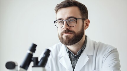Poster - photograph of Portrait of a scientist on a white background. telephoto lens summer daylight cool color