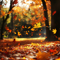 orange fall leaves in park, sunny autumn natural background
