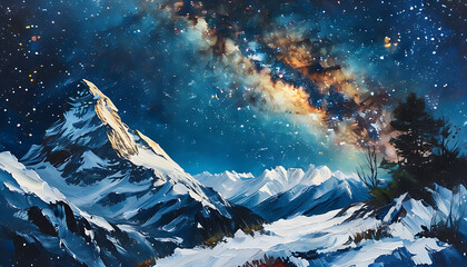 Gaze at the starry sky with a galaxy wrapping around the peak of a snow-capped mountain, the scenery painted like an oil painting showcasing natural beauty.