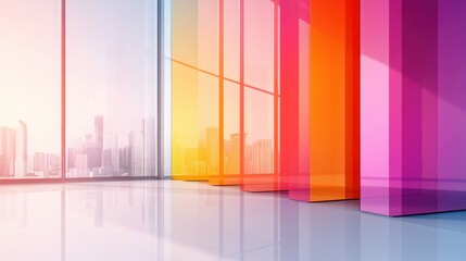 Wall Mural - A colorful glass wall with city view in the background, AI