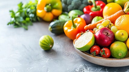 A variety of fresh fruits and vegetables in a bowl, including tomatoes, limes, oranges, an apple, and more.