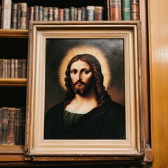 Wall Mural - A framed painting of Jesus in a classic richly detailed library The room is filled with wooden shelves old books and vintage decor Soft lighting from a nearby lamp casts a warm glow on the painting gi