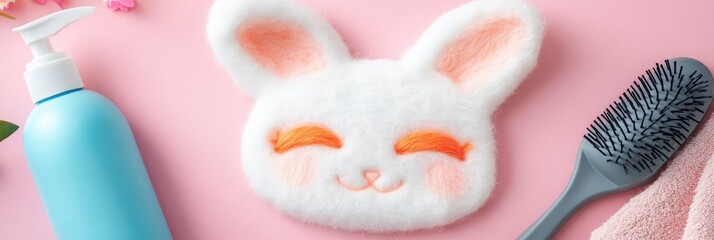 Cute felted face mask with bunny ears, shampoo bottle, and gray hairbrush on a pink background.