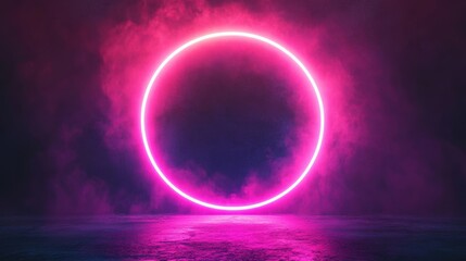 Poster - A vibrant neon circular frame illuminates a dark background, creating an atmospheric setting perfect for artistic displays