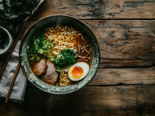 Sticker - Experience the richness of a steaming bowl of ramen topped with tender pork, a soft-boiled egg, fresh green onions, and seaweed on a rustic wooden surface, ready to enjoy