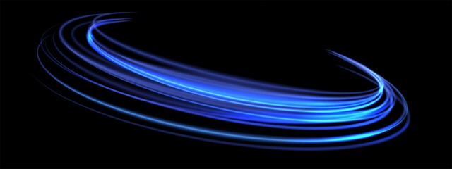 Poster - abstract blue speed light lines neon ring glowing circle round movement on black background vector