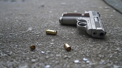 A pistol and shell casings lie on the asphalt, evidence of a crime