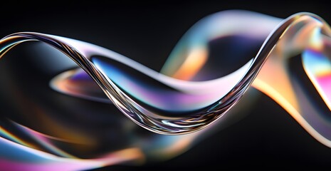 A close-up of the curved edges of an object, rendered iridescent colors against a black background. The focus is on the reflective and translucent quality of each curve, creati