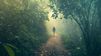 Wall Mural - person walking through a misty, rain-soaked forest trail, with droplets falling softly from the cano
