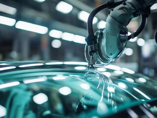 Wall Mural - A robotic arm seamlessly maneuvers to position a windshield on a car, demonstrating the precision of automated assembly in a modern factory setting