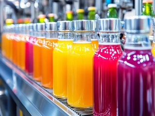 Wall Mural - Robotic arms meticulously fill glass bottles with brightly colored juice on a beverage production line, highlighting a vibrant and efficient production process