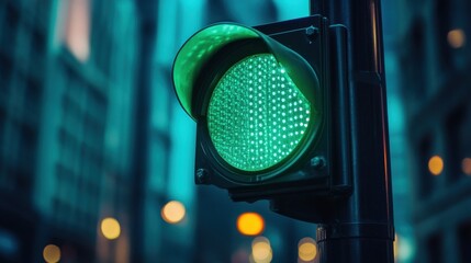 green traffic light glowing against an urban background indicating permission to move forward and sy