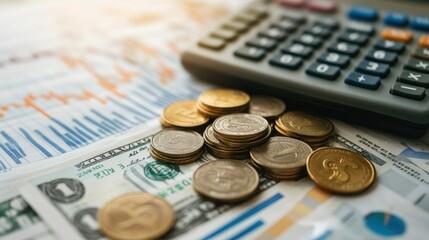 Pile of cash and coins next to a calculator and financial documents with graphs and data Close-up photo with clean background