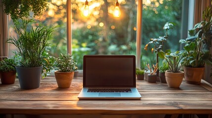 Wall Mural - Cozy home office with a laptop on a wooden desk