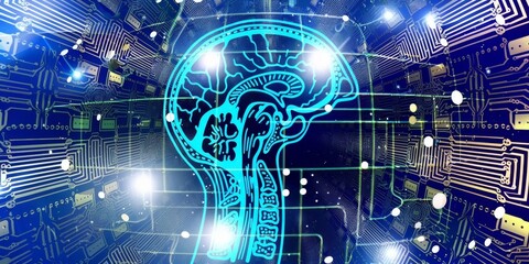 Aufkleber - Digital representation of artificial intelligence and neural networks, symbolizing advanced technology and the fusion of human intelligence with machine learning and data networks.