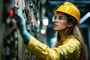 A female electrical engineer working amidst high-voltage equipment, showcasing professional expertise and safety.